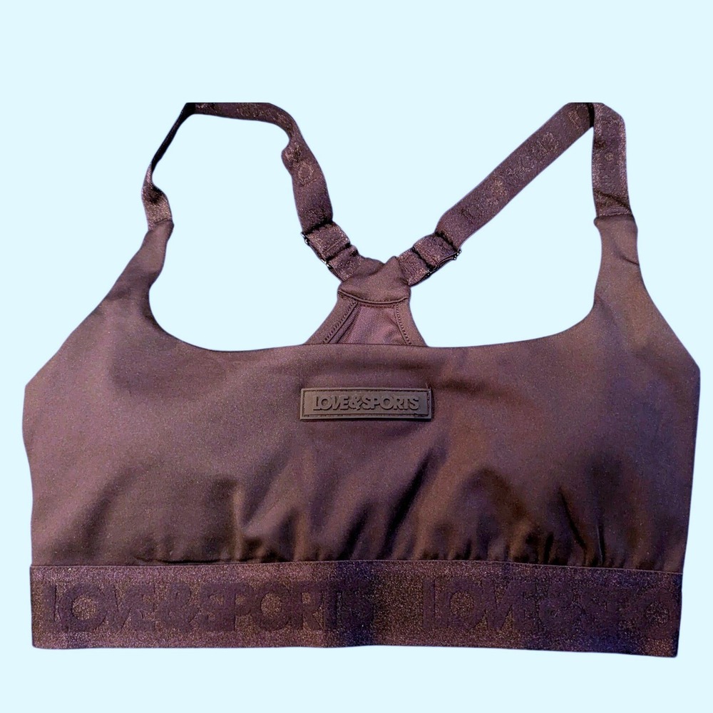 Love & Sports Sports Bra S Black Racerback Glitter Logo Adjustable Activewear
